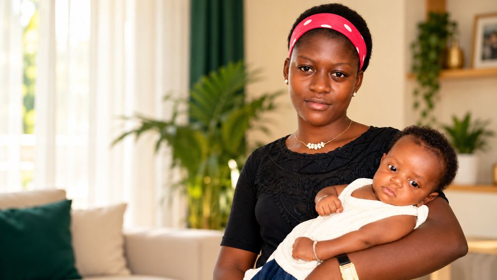 A mother holding her baby at home